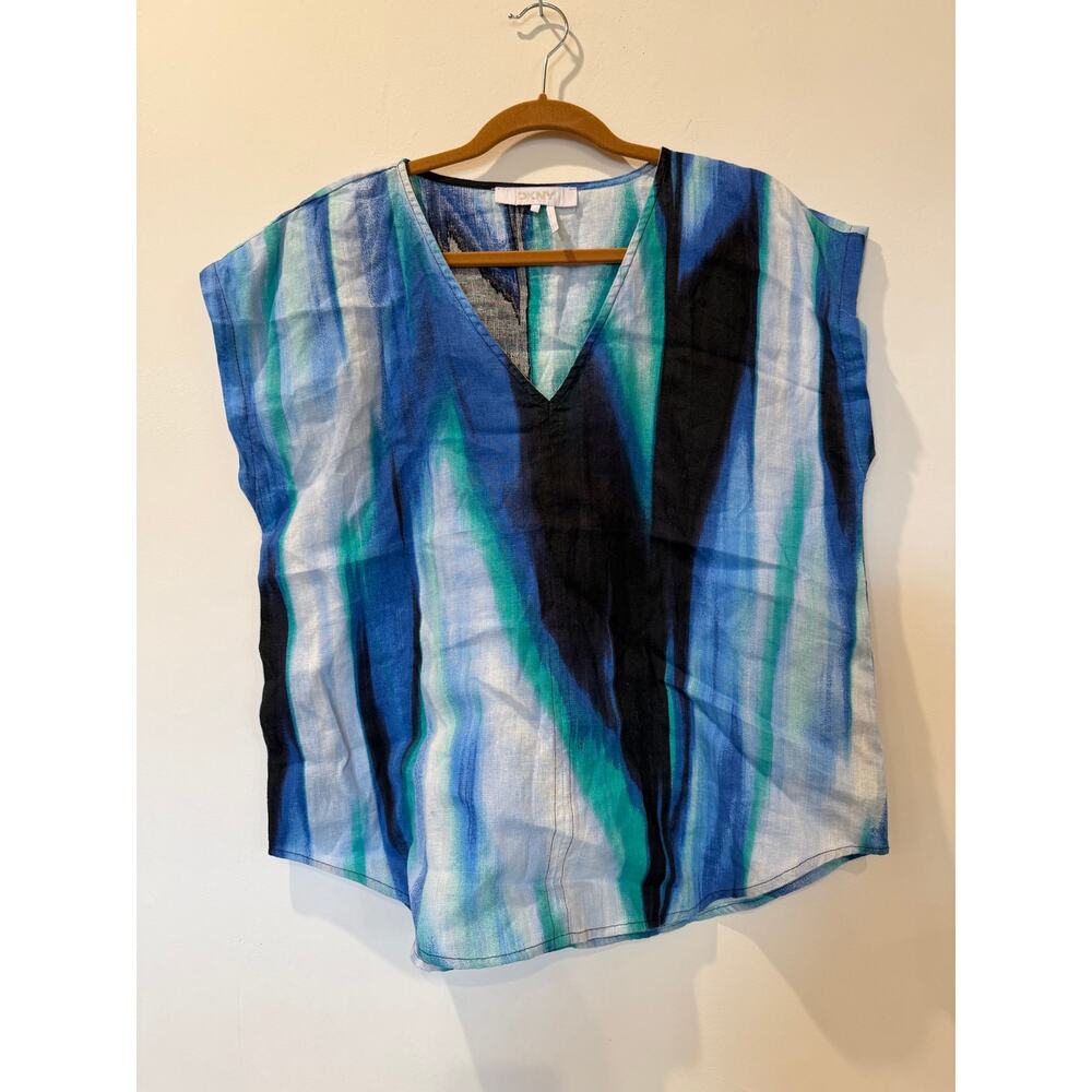 DKNY Pure 100% linen V neck sleeveless blouse Large black blue cottagecore